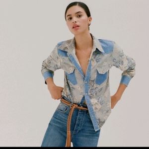 Anthropologie Love The Label Blue Long Sleeve chambray Button-Down floral Shirt